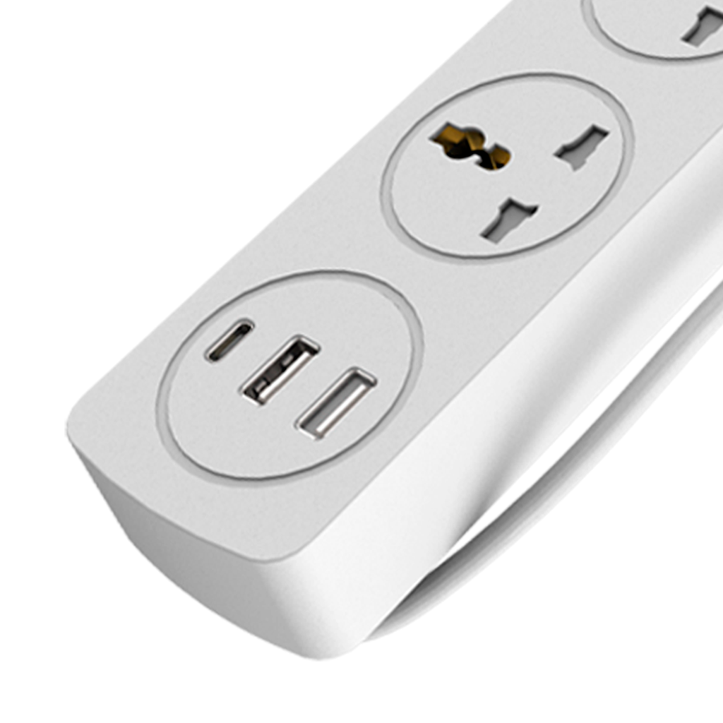 Supresor Multiple 4 Tomas Blanco, +2 Usb +1 Usb C, 5Mts De Cable 3X0.75Mm, 250V, 10A, 2500W Max, Usb 5V 3.1A, Protector Termico