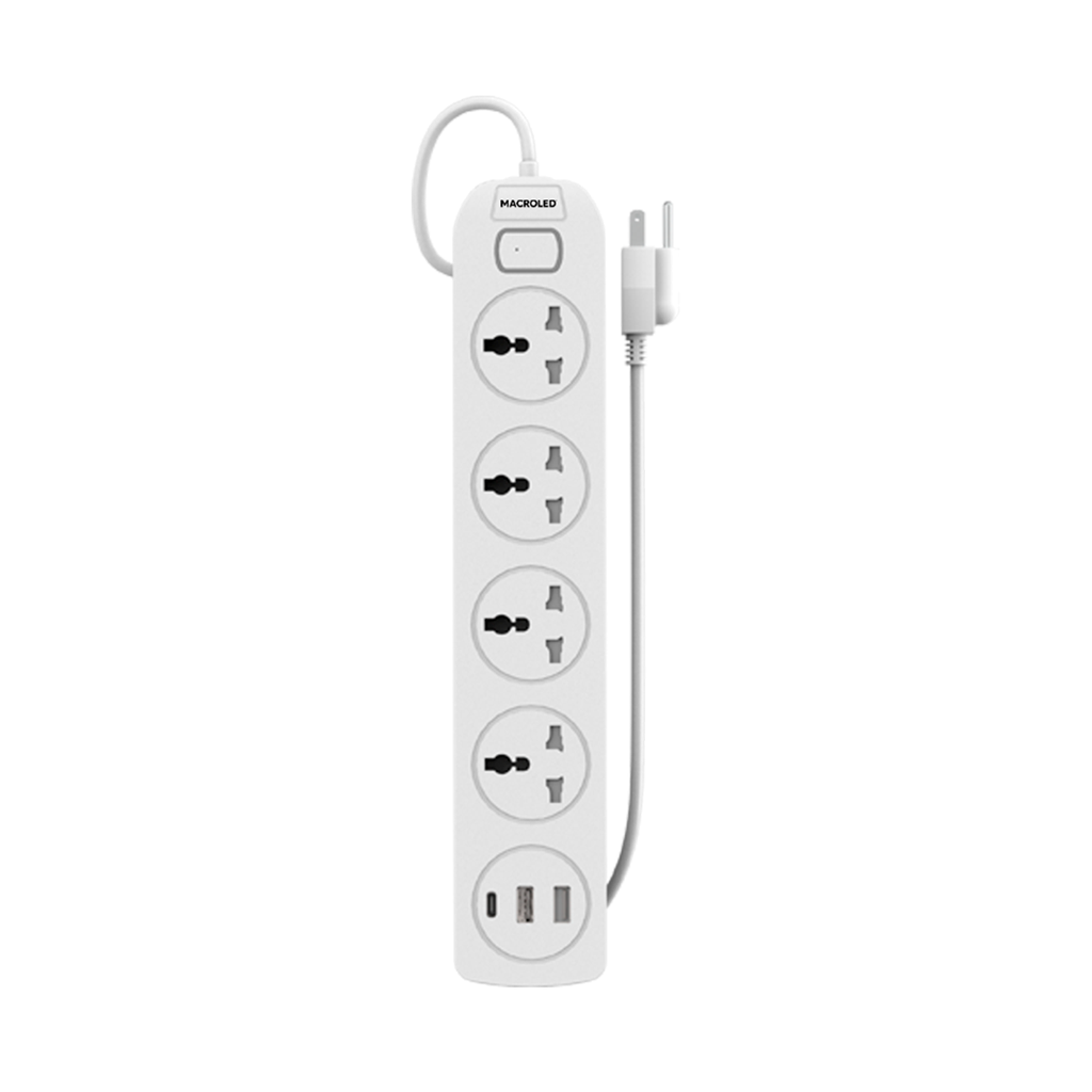 Supresor Multiple 4 Tomas Blanco, +2 Usb +1 Usb C, 5Mts De Cable 3X0.75Mm, 250V, 10A, 2500W Max, Usb 5V 3.1A, Protector Termico