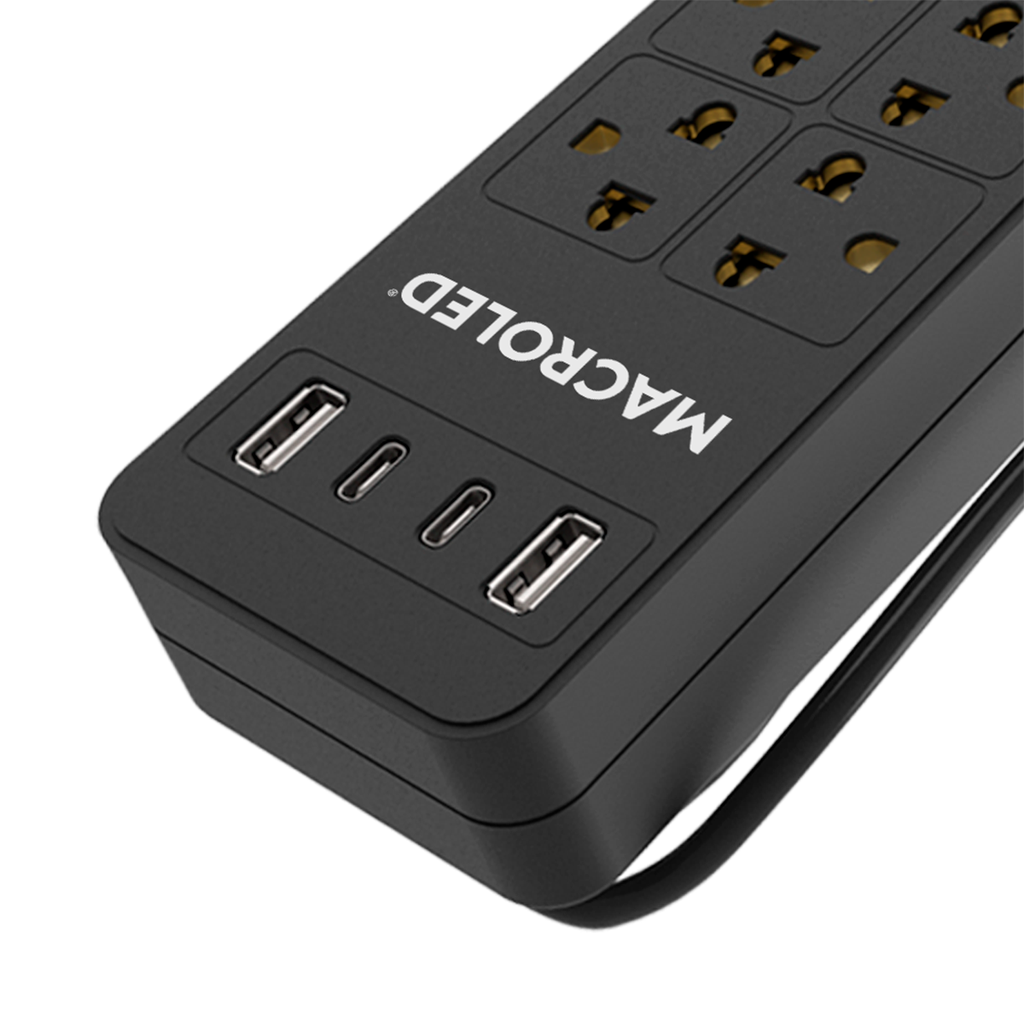 Supresor Multiple 6 Tomas Negro, +2 Usb +2 Usb C, 3Mts De Cable 3X0.75Mm, 250V, 10A, 2200W Max, Usb 5V 3.1A, Protector Termico