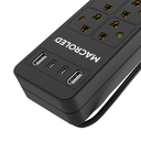 Supresor Multiple 6 Tomas Negro, +2 Usb +2 Usb C, 3Mts De Cable 3X0.75Mm, 250V, 10A, 2200W Max, Usb 5V 3.1A, Protector Termico