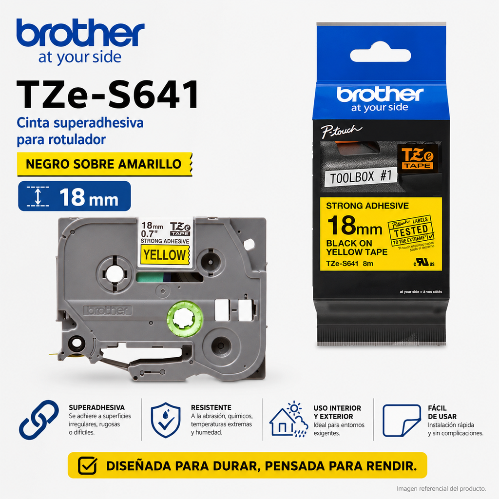 Cinta Super Adhesiva para rotulador Negro sobre Amarillo 18mm