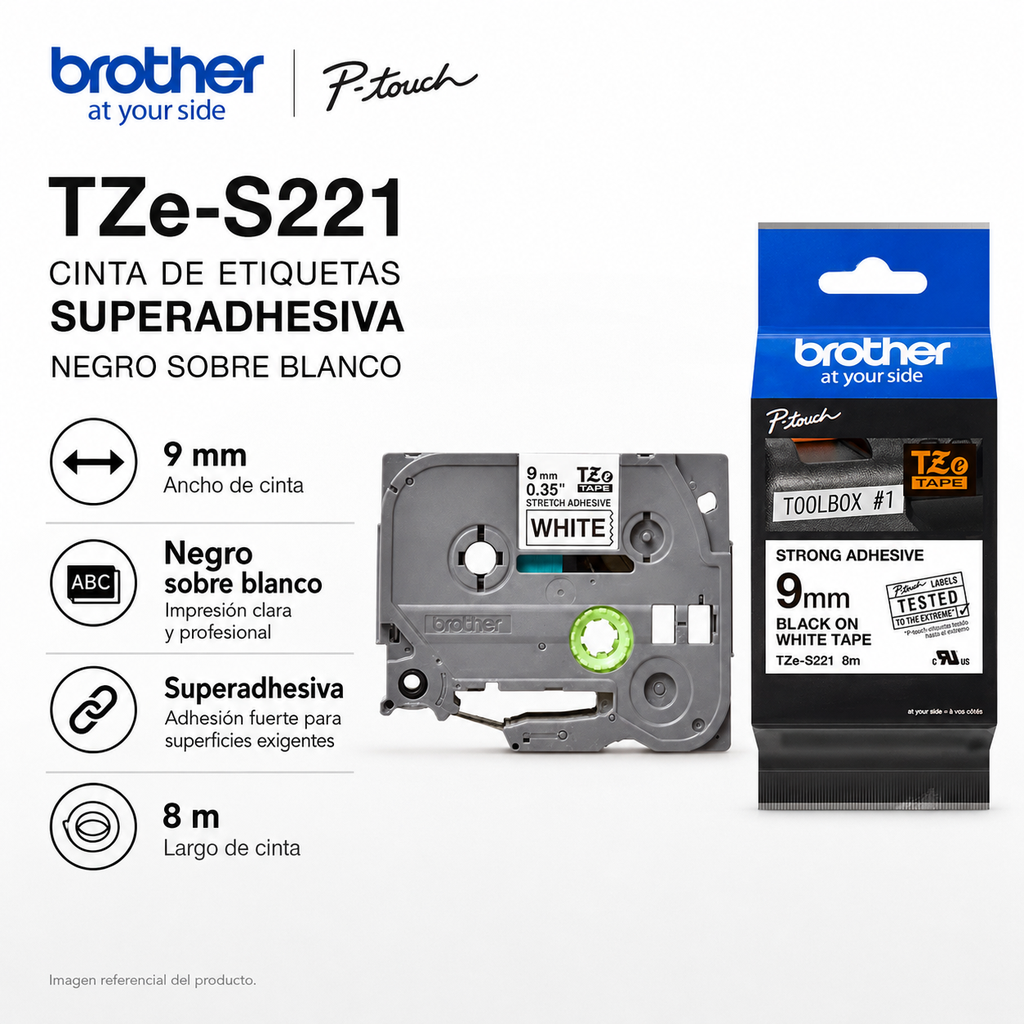 Cinta Super Adhesiva para rotulador Negro sobre Blanco 9mm