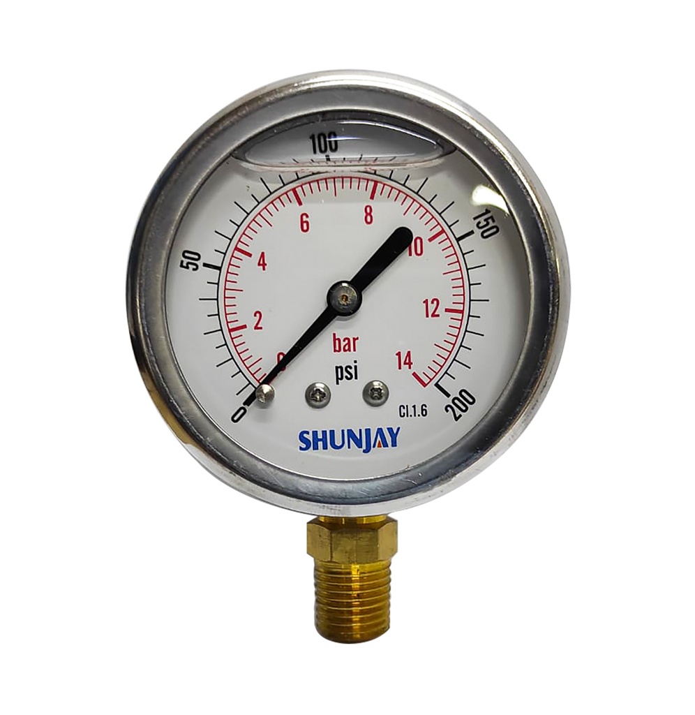 Manometro 14 Bar (200 Psi), Dial 2.5&quot;, Acero Inox. - Bronce, Con Conex Inferior 1/4&quot; Npt