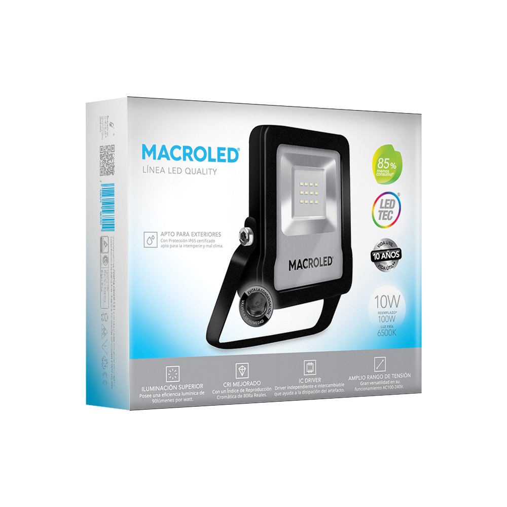 Reflector Led Pro Negro 10W Ip65 100-240Vac Luz Cálida 3000K