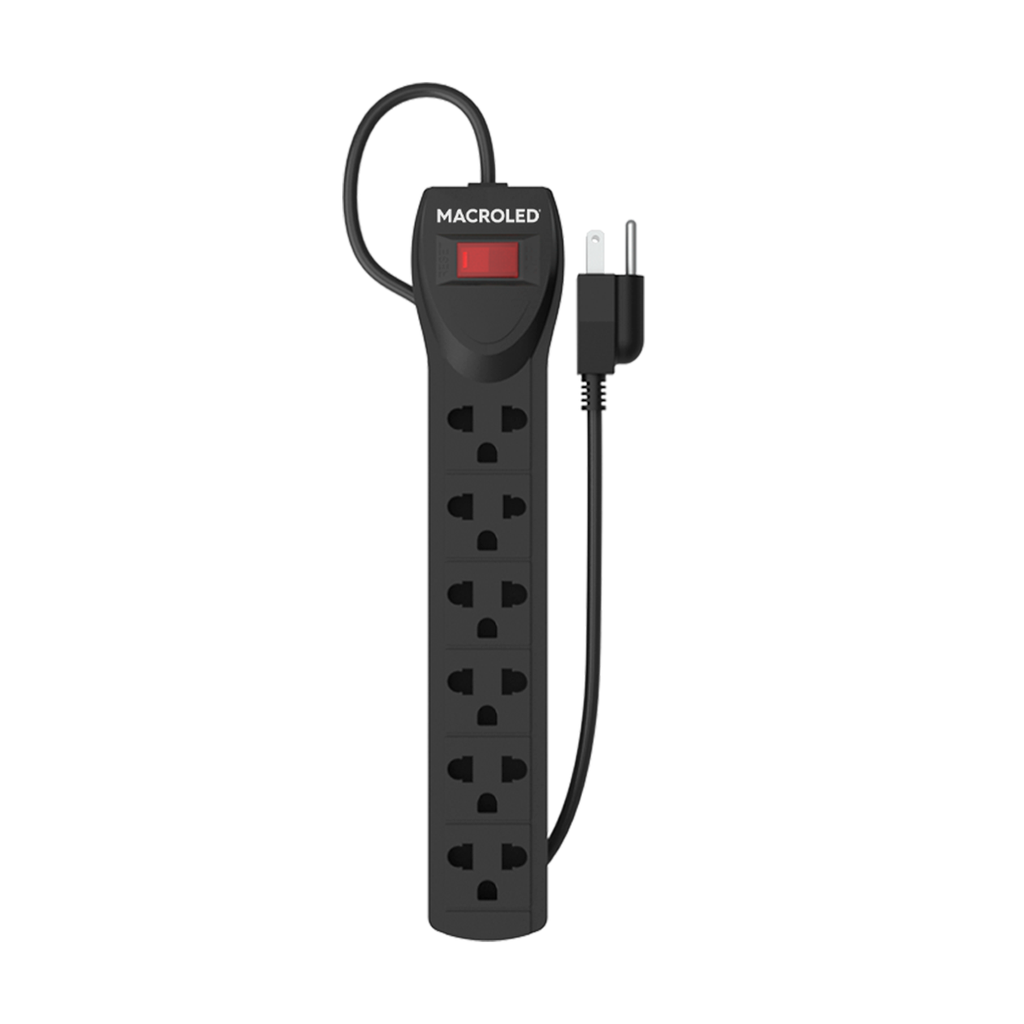 SUPRESOR MULTIPLE 6 TOMAS, NEGRO, 1.5MTS DE CABLE 3X0.75MM, 250V, 10A, 2200W MAX, PROTECTOR TERMICO