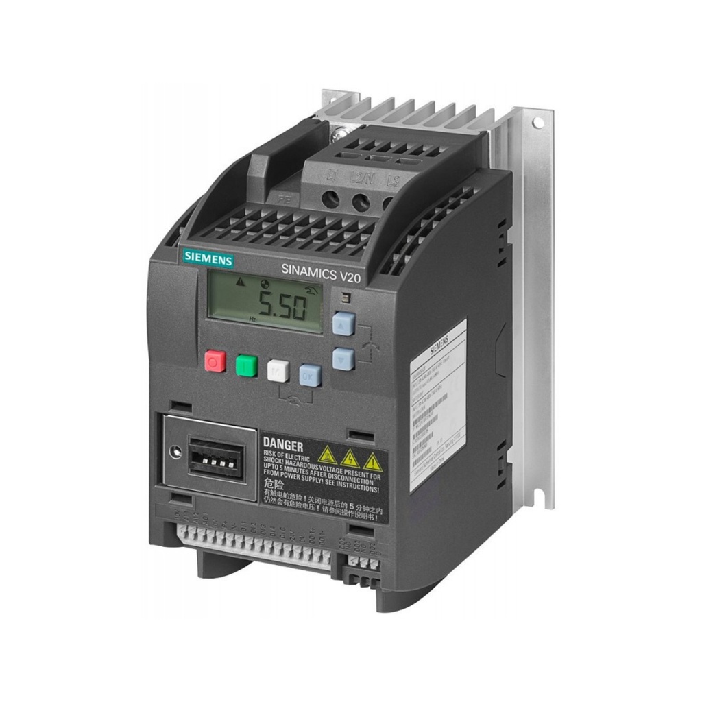 SINAMICS V20 380-480 V 3 AC -15/+10% 47-63 Hz potencia asignada 1,1 kW con 150% de sobrecarga durante 60 s, E/S sin filtro: 4 DI, 2 DO, 2 AI, 1 AO